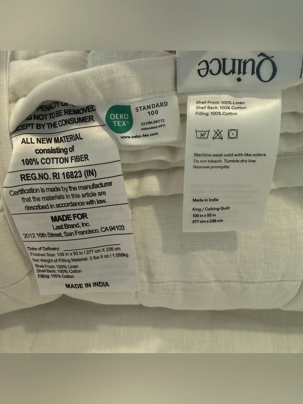 New Quince European Linen Box Quilt King/CalKing MSRP $184 White